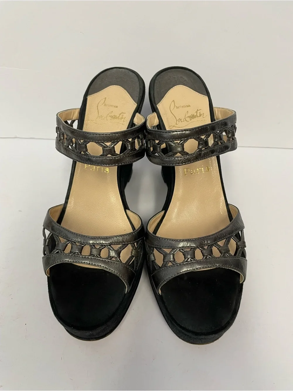 Christian Louboutin Black Suede and Metallic Grey Wedge Sandals